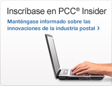 Inscríbase en PCC® Insider. Manténgase informado sobre las innovaciones de la industria postal. Imagen de manos escribiendo en una computadora portátil.