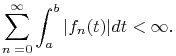 \sum^{\infty}_{{n=0}}\int^{b}_{a}|f_{n}(t)|dt<\infty.