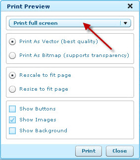 Screenshot of the Print Preview window with an arrow pointing to the drop-down menu.