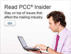 Read PCC® Insider. Stay on top of issues that affect the mailing industry. Go. Image of a man reading content on a laptop.