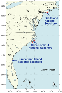 index map showing locations of Fire Island, Cape Lookout, and Cumberland Island National Seashores.