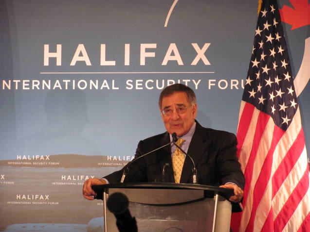 Secretary Panetta speaks at a press conference in advance of the Halifax Security Forum.