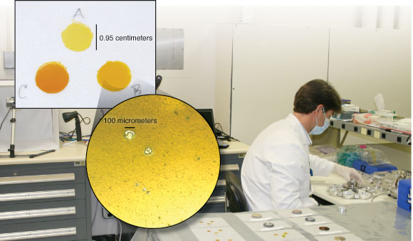 A photo of Richard Horton in the NIF laboratory, a sample x-ray spectrum, and a film micrograph of splattered prefilter material.