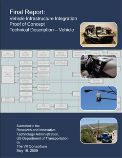 Front Cover. Graphics include a portion of a flow chart across the middle of the page and four photographs aligned vertically along the right side of the page. The flow chart excerpt shows connections running in both directions between Security APIs and Verification, Encryption, and Decryption functions, as well as links and certificate management routines. The photos show components on a metal chassis, a vehicle dashboard, a highway light fixture, and a scene with people doing field work near two cars pulled off from a major highway.