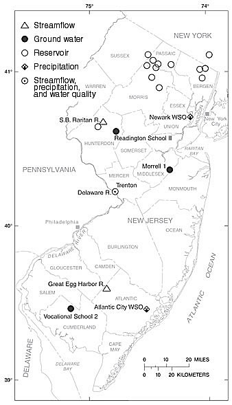 Map of New Jersey showing sites where hydrologic conditions are reported.