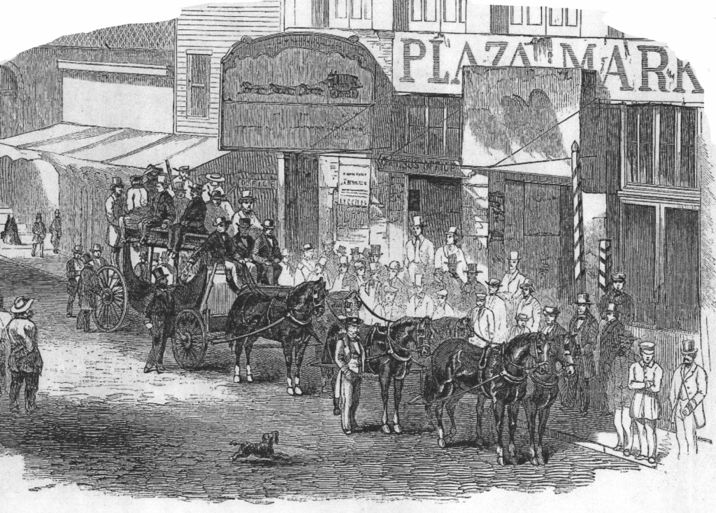 Illustration from the December 11, 1858, issue of &quot;Harper's Weekly,&quot; showing a Butterfield Overland Mail stagecoach preparing to depart from San Francisco.