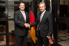 Acting Secretary of Labor Seth D. Harris (left) is greeted by  German Ambassador Peter Ammon upon his arrival February 13 for a dinner at the Ambassador's residence in Washington, D.C. (© Z. Garcia for Germany.info). View the slideshow for more images and captions.