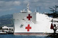 he Military Sealift Command (MSC) hospital ship USNS Mercy (T-AH 19) moored in Pearl Harbor for a brief port visit.