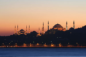 Istanbul, Turkey: the blue mosque and Hagia Sofia at sunset (© yusuf anil akduygu/iStock)