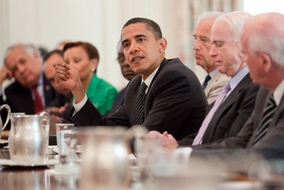 President Barack Obama talks with members of Congress to discuss immigration, Thursday, June 25, 2009, in the State Dinning Room of the White House. From left; Rep. Silvestre Reyes, D-Texas, Rep. Luis Guitierrez, D-Ill., Rep. Nydia Velazquez, D-N.Y., Rep. James Clyburn, D - S.C. the president, Vice President Joe Biden, Sen. John McCain, R-Ariz., and Sen. Patrick Leahy, D-Vt. Official White House Photo by Pete Souza