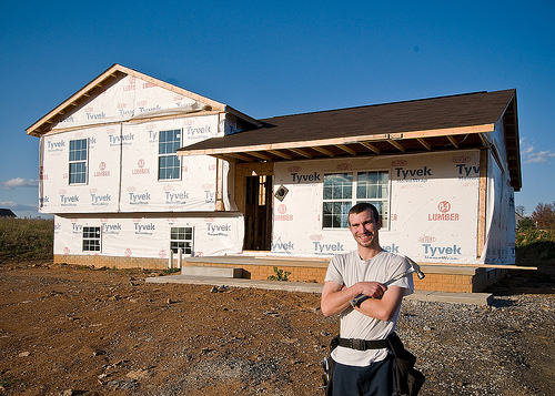 Greg Sprow about to start construction for the day on his home in Shippensburg, Pennsylvania. Sprow and other homeowners in his neighborhood were able to get their part of the American Dream with the help of a Self-Help Housing Loan through the United States Department of Agriculture, Rural Development, Self-Help Housing Loan Program. One requirement in the contract is that owners of homes in the neighborhood help each other with the construction of each other's homes.