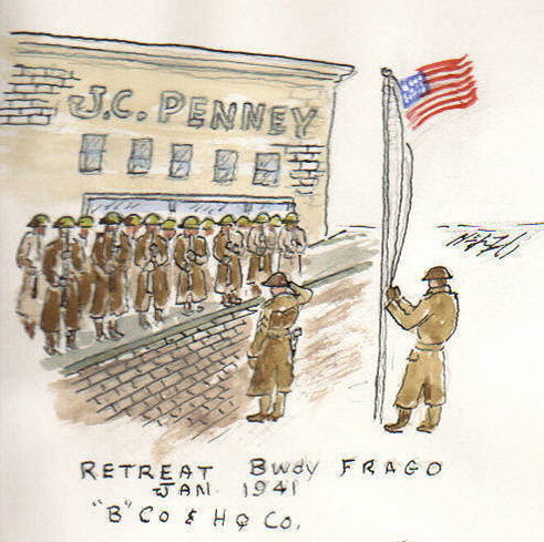 A sketch of headquarters personnel holding reveille outside the J.C. Penny building, Fargo, January 1941.