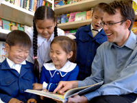 School children with Peace Corps Volunteer Anthony Trujillo in Mongolia