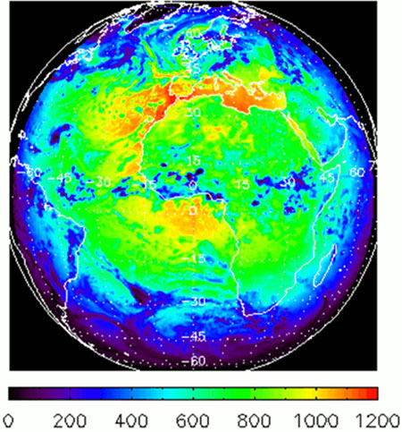 Example of the Absorbed Shortwave Radiation product (W/m**2) as generated by the GOES-R Absorbed Shortwave Radiation algorithm for Meteosat-8 SEVIRI on 31 July 2008 at 1200 UTC.