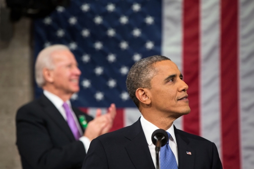 President Obama and VP Biden Look Toward their Wives 