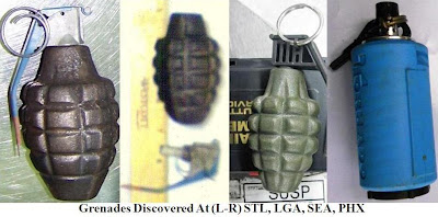 Photograph of four inert grenades.