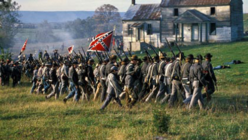 Confederate forces advance on Union lines at a Cedar Creek reenactment.