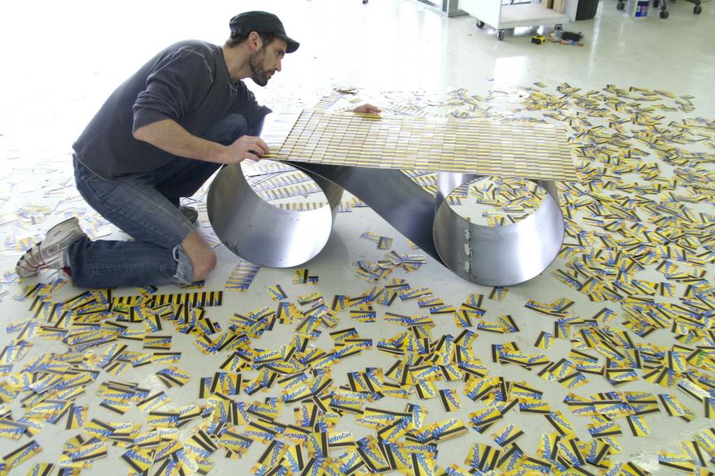 Stephen Shaheen creates a bench using MetroCards