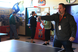 Jared Fredenburg, a teacher with Sioux Falls High School and a Sioux Falls, S.D., native, plays pingpong at the Great Escape during an Educators Workshop aboard Marine Corps Air Station Miramar, Calif., Jan. 30. Educators received the chance to experience not only the educational opportunities but the recreational opportunities available to Marines aboard the air station as well.  