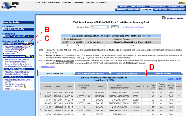 National and State results are displayed in record sets labeled as 'records matched', 'records potentially matched', and 'records not matched'.