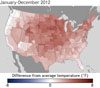 Difference from average annual temperature in 2012 compared to the 1981–2010 average. Map by NOAA climate.gov team.