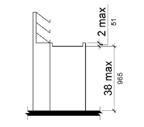 A counter surface is shown in elevation with a maximum height of 38 inches (965 mm) above the floor or ground and with edge protection above the surface that is 2 inches (51 mm) high maximum.