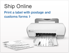 Ship Online. Print a label with postage and customs forms. Image of a printer with shipping label and customs forms. 