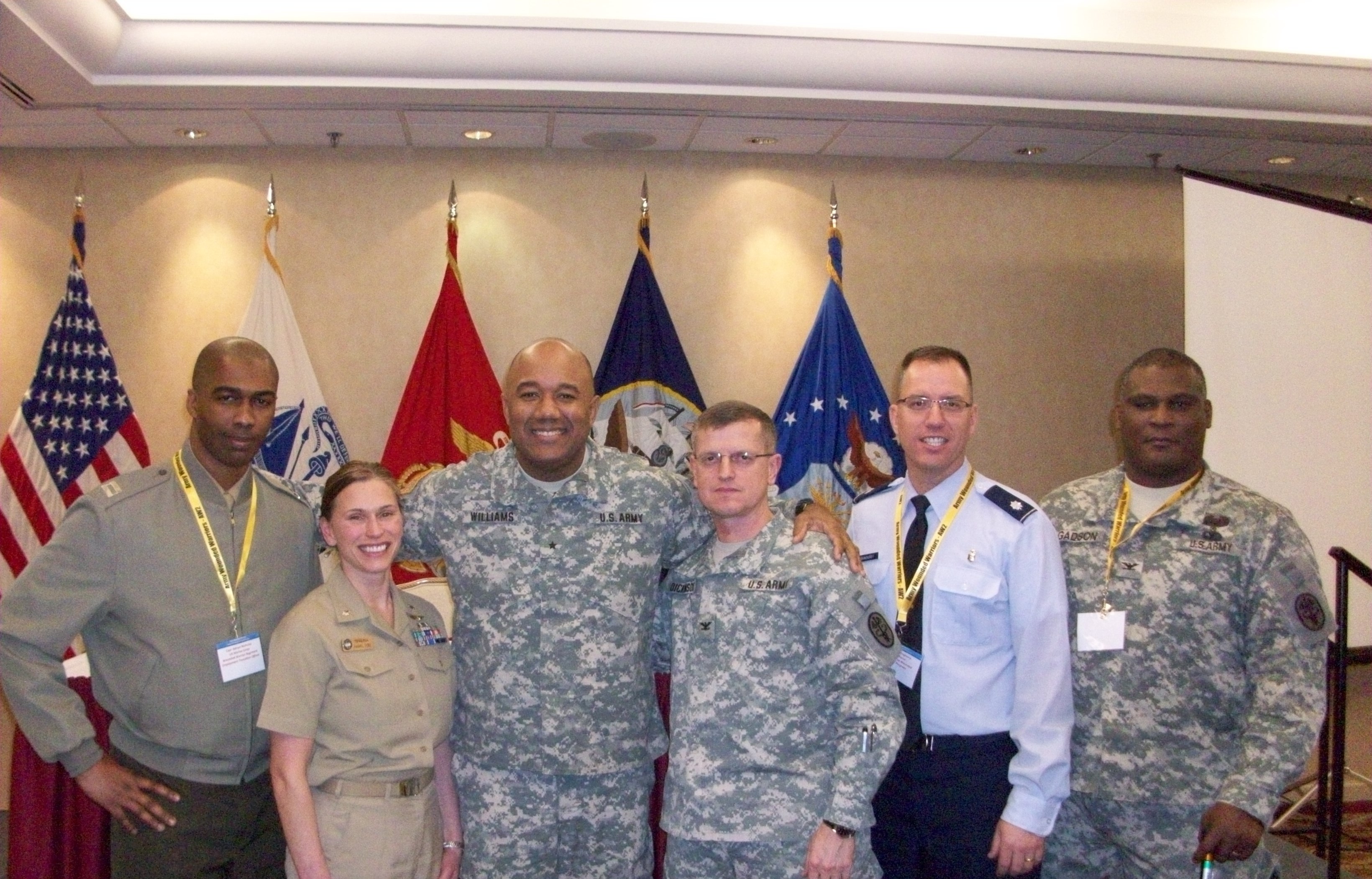 Joint services’ wounded warrior programs unite to increase federal hiring of wounded warriors. (left to right) CAPT Adrian Nicholas (Wounded Warrior Regiment), CDR Shauna Hamilton (Navy Safe Harbor), BG Darryl Williams (Warrior Transition Command), COL Rick Dickinson (Warrior Transition Command), LTC David Bringhurst (Air Force Wounded Warrior Program), and COL Gregory Gadson (Army Wounded Warrior Program).