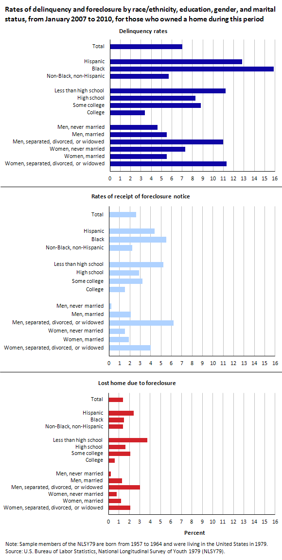 Rates of delinquency and foreclosure by race/ethnicity, education, gender, and marital status, from January 2007 to 2010, for those who owned a home during this period (in percent)