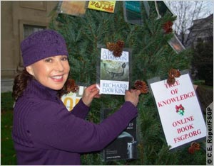 FSGP founder Margaret Downey and the 2009 Tree of Knowledge (C.E. Roper/Freethought Society of Greater Philadelphia)