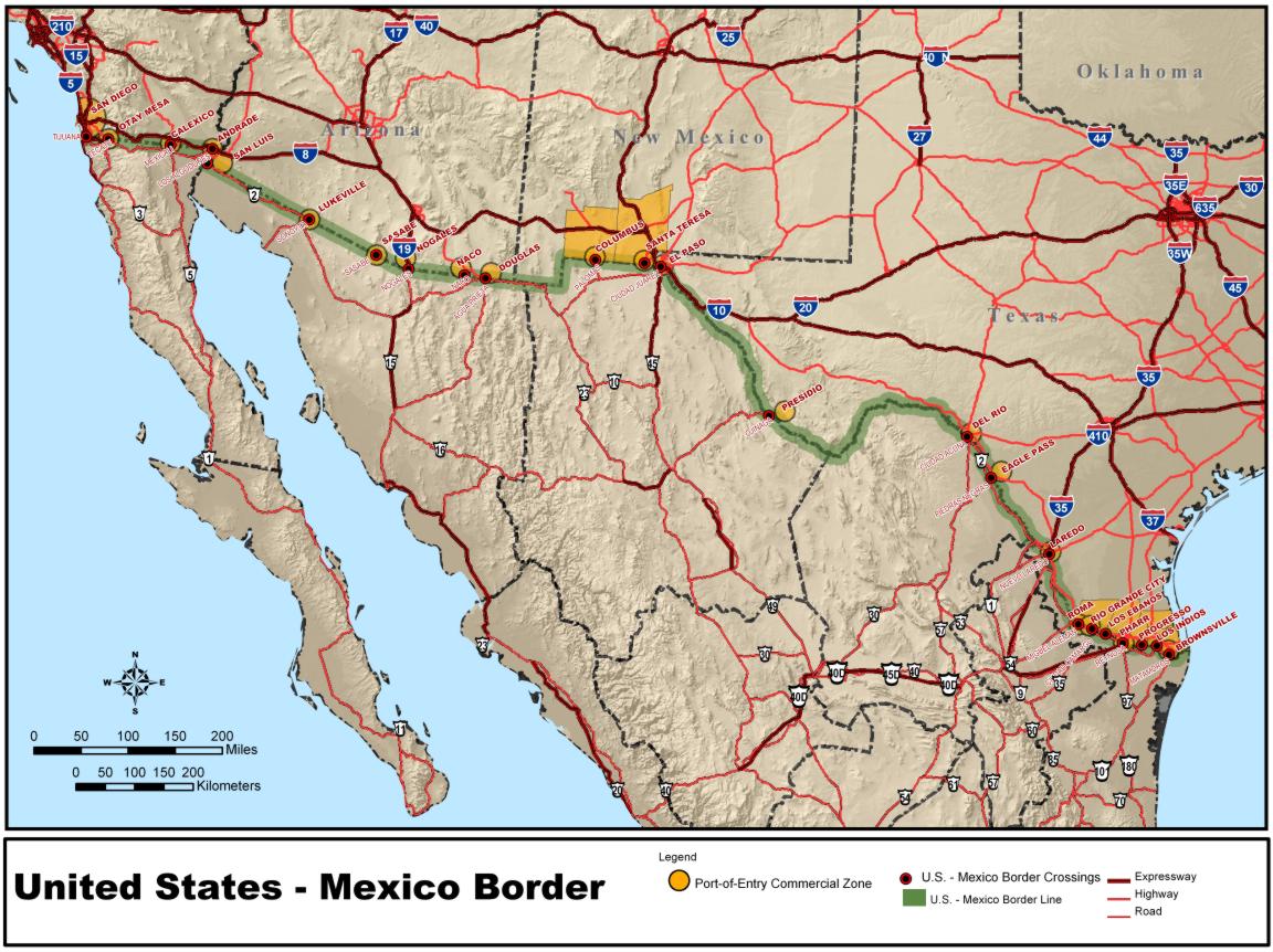 Image of the US/Mexican border with marked border crossings