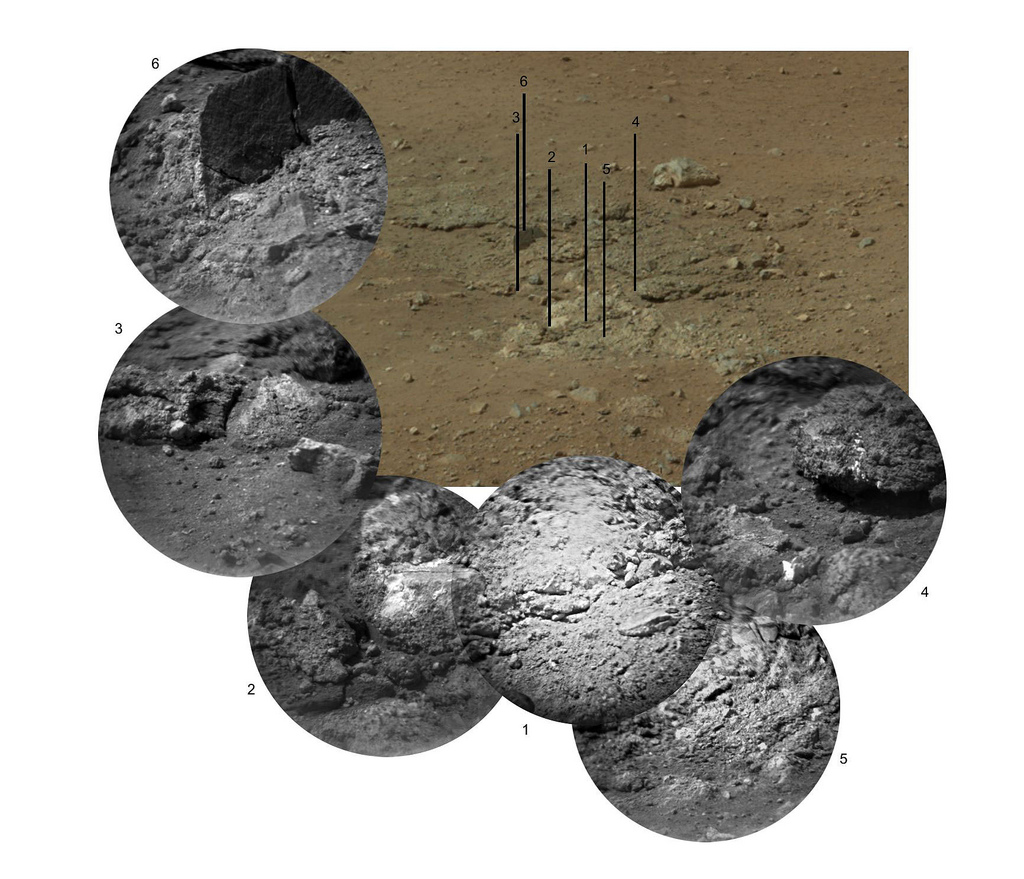 This photo mosaic shows the scour mark, dubbed Goulburn, left by the thrusters on the sky crane that helped lower NASA's Curiosity rover to the Red Planet. It is located 16 to 20 feet (5 to 6 meters) to the left of the rover's landing position. The sky crane appears to have uncovered an outcrop of loosely consolidated rocks during the rover's landing.   The mosaic consists of six images from the remote micro-imager (RMI) on the Chemistry and Camera (ChemCam) instrument, shown around an image from the Mast Camera for context. Each RMI image has a field of view of 4 to 5 inches (10 to 12 centimeters) across and shows details as small as 0.02 to 0.03 inches (0.5 to 0.6 millimeters). ChemCam's laser was used to analyze material at the centers of panels 2, 3 and 4.  PHOTO CREDIT: NASA/JPL