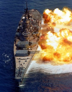 The U.S.S. Iowa in action. Talk about heavy-duty earplugs or noise-cancelling headsets on the sailors serving there!  (U.S. Navy)