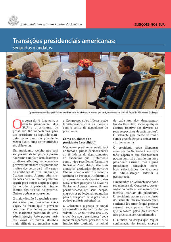 Capa de folheto mostra os presidentes George W. Bush e Barack Obama sentados, conversando