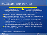 On this slide, there is a long yellow line that is balanced at its midpoint on a triangle of the same color, just like a seesaw. The left side of the line indicates “Precision: the proportion of retrieved articles that are relevant.” This is sometimes also referred to as specificity. The right side of the line indicates “Recall: the proportion of potentially relevant articles retrieved by search.” This is sometimes also referred to as sensitivity.