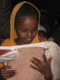 Schoolgirl reading textbook in school