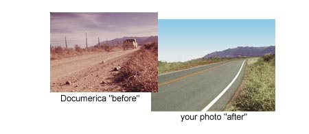 two images comparing 'before' dirt road and 'after' highway