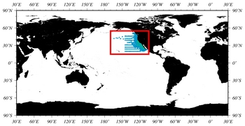 Graphic:  A world map showing a red box that outlines the geographic coverage of this data set.