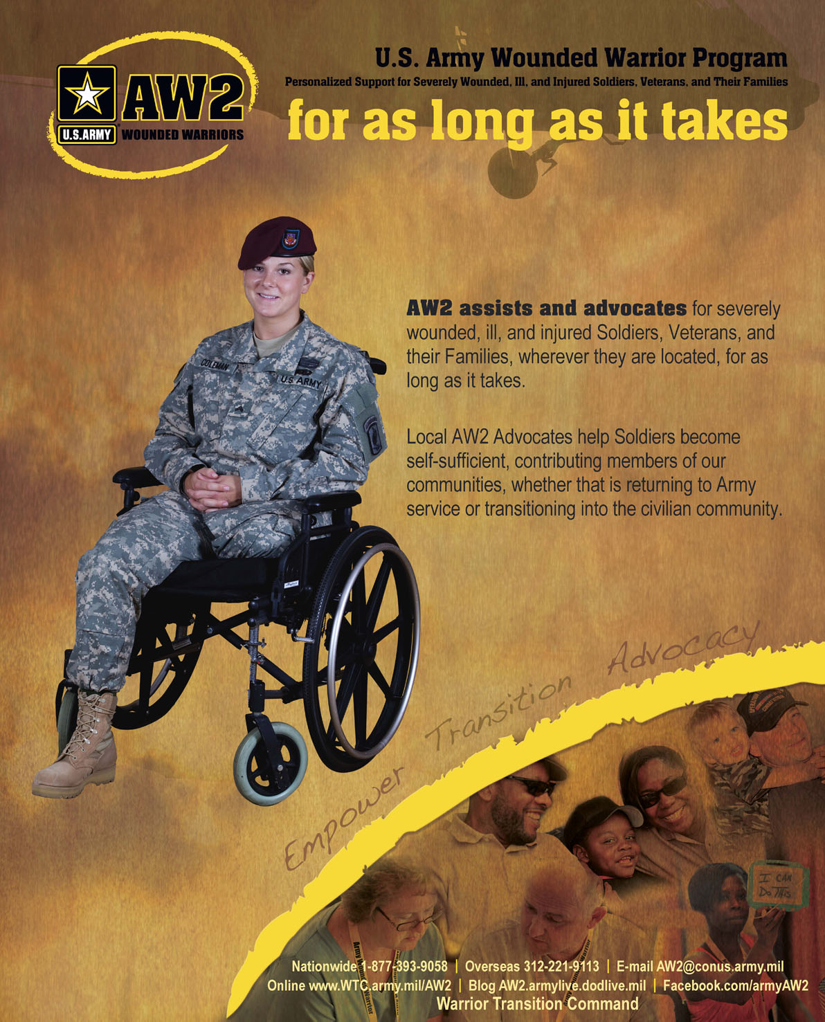 AW2 Soldier CPL Kendra Coleman is featured on several AW2 outreach materials.