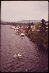 aerial view of the town riverfront and boats