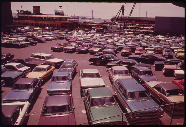 DOCUMERICA: Parking Lot at Ferry Dock on Staten Island 05/1973 by Arthur Tress.