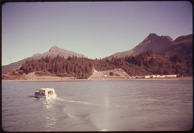 DOCUMERICA: The Terminal Area Is a Favorite Salt Water Salmon Fishing Area. Fresh Water Streams Around Port Valdez Are Closed to Fishing to Protect Spawning Areas. This View Looks South Toward the Site of the Terminal Construction Camp. Mile 789, Alaska Pipeline Route 08/1974 by Dennis Cowals.