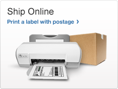 Ship Online. Print a label with postage. Image of computer printer with shipping label and brown box.