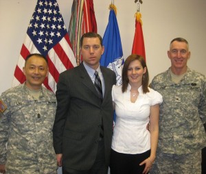 Scott and Jarah Vycital join WTC Commanding General BG Gary H. Cheek and WTC Sergeant Major SGM Ly M. Lac at WTC Headquarters.