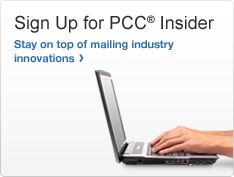 Sign Up for PCC® Insider.  Stay on top of mailing industry innovations. Image of hands typing on a laptop.