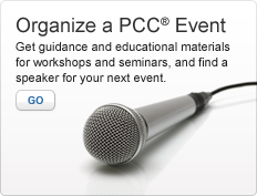 Organize a PCC® Event. Get guidance and educational materials for workshops and seminars, and find a speaker for your next event. Go. Image of a microphone used for speaking to an audience.