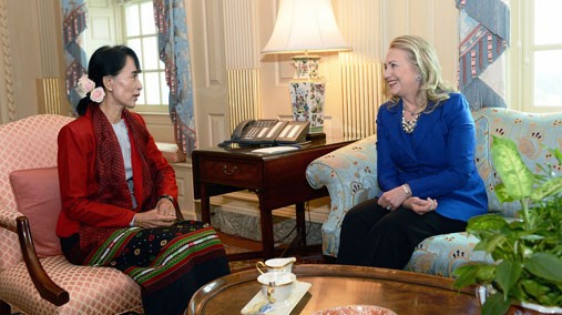 U.S. Secretary of State Hillary Rodham Clinton meets with Daw Aung San Suu Kyi, Chair of the National League for Democracy and Member of Parliament from Kawmhu Constituency, at the U.S. Department of State in Washington, D.C., September 18, 2012. [State Department photo/ Public Domain]