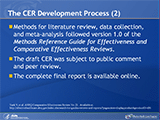 The CER Development Process (2)Utilization data for rFVIIa was taken from the Perspective Comparative Database of Premier, Inc., in Charlotte, NC (2000–2008). A comprehensive systematic review of the literature was conducted from 10 electronic databases, grey literature, trial registries, and reference lists. Studies on the spectrum of rFVIIa off-label use, effectiveness of rFVIIa for the five AHRQ-selected indications, and studies on the potential harms for the five indications were included. All methods used in the review followed version 1.0 of the Methods Reference Guide for Effectiveness and Comparative Effectiveness Reviews published by AHRQ (draft available at: http://effectivehealthcare.ahrq.gov/repFiles/2007_10DraftMethodsGuide.pdf). The draft CER was prepared and published online and was subject to public comment and peer review. Once finalized, the complete report was published on the Effective Health Care Program Web site (available at: http://effectivehealthcare.ahrq.gov/index.cfm/search-for-guides-reviews-and-reports/?pageaction=displayproduct&productID=450).
