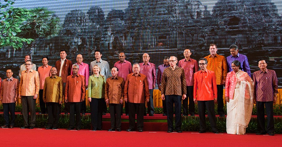 U.S. Secretary of State Hillary Rodham Clinton poses for the ASEAN family photo in Phnom Penh, Cambodia, on July 12, 2012. [State Department photo by William Ng/ Public Domain]
