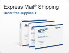 Express Mail® Shipping. Order free supplies. Image of Express Mail boxes, envelopes, and other supplies.